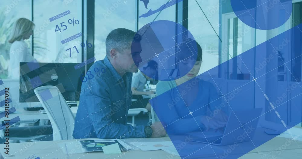 Poster animation of statistical data processing over diverse man and woman discussing over laptop at office