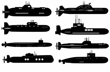 Submarine black silhouette set. Isolated on a white background. logos, icons
