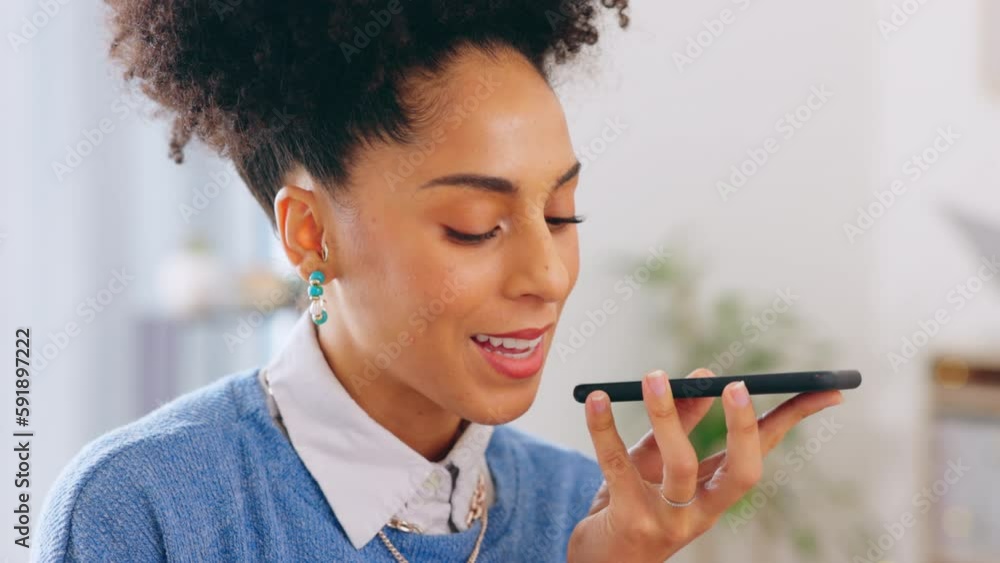 Poster business woman, phone and talking to record voice not on mobile app for communication or command. fe