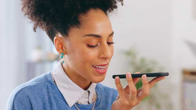 Business woman, phone and talking to record voice not on mobile app for communication or command. Female entrepreneur with smartphone on loudspeaker for speech, call and conversation or chat on mic