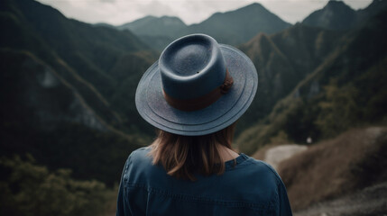 Fototapeta na wymiar Woman travelling photo from behind wearing a blue hat, Instagram style, in mountain area, hiking, holiday, generative AI