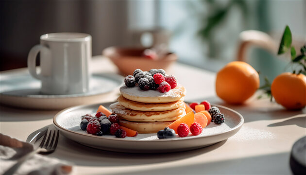  Desayuno delicioso. Panqueques y frutas frescas