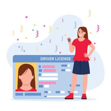 Vector illustration of a pretty girl with a drivers license. Cartoon scene with smiling girl holding car keys and drivers license and confetti isolated on white background.