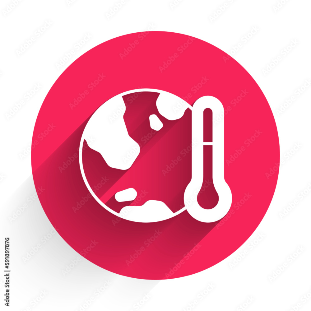 Poster white planet earth melting to global warming icon isolated with long shadow background. ecological p