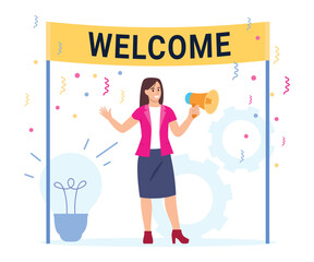 Vector illustration with a welcome poster. Cartoon scene with smiling girl with megaphone and welcome poster, confetti, inviting people isolated on white background. Welcome to the new team member.