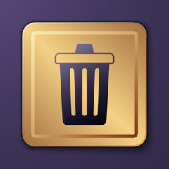 Purple Trash can icon isolated on purple background. Garbage bin sign. Recycle basket icon. Office trash icon. Gold square button. Vector