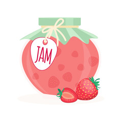 Vector illustration of a glass jar with strawberry jam on a white background. Suitable for postcards, prints, fruit and kitchen design.