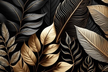 close up view of a luxurious black and gold leaf wallpaper pattern. Generative AI