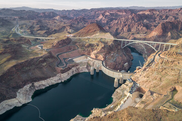 Hoover Dam in Nevada. Mountain and Colorado River in Background. Sightseeing Place. USA