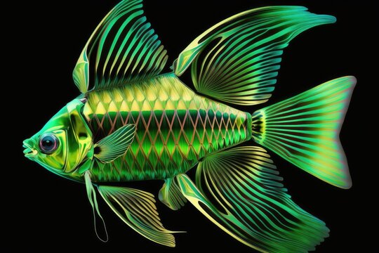  vibrant green fish swimming in a dark, black abyss. Generative AI