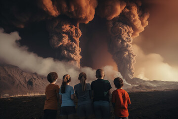 Obraz premium Group of people watching the eruption of a volcano on a background of smoke, Generative AI