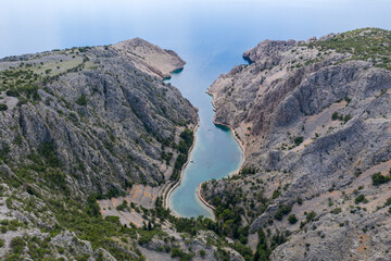 Zavratnica in Croatia. It is a 900 m long narrow inlet located at the foot of the mighty Velebit Mountains, in the northern part of the Adriatic Sea, 1 km south of Jablanac, Croatia.