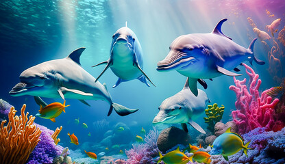 Obraz premium group of dolphins in colorful underwater, AI generative
