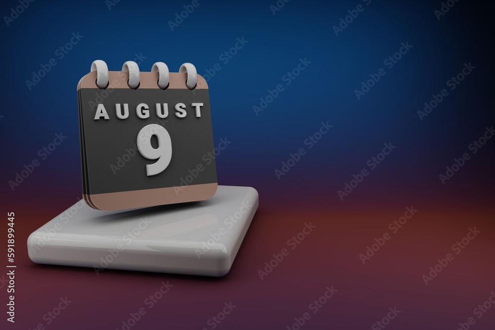 Poster Standing black and red month lined desk calendar with date August 9. Modern design with golden elements, 3d rendering illustration. Blue gray background..