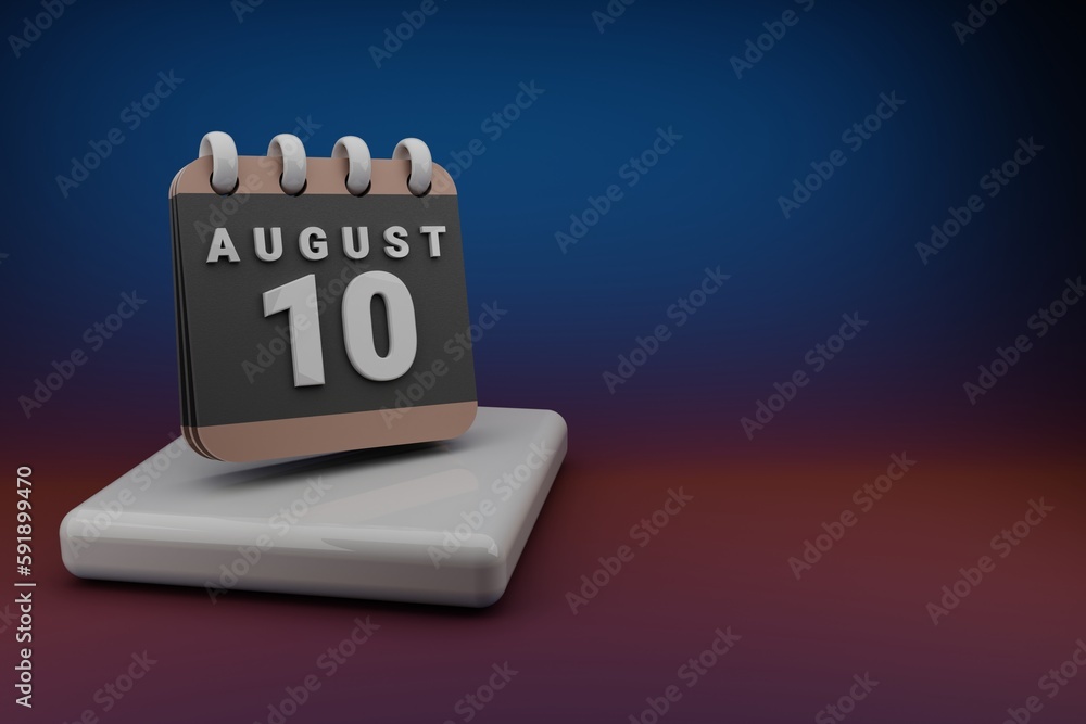 Poster Standing black and red month lined desk calendar with date August 10. Modern design with golden elements, 3d rendering illustration. Blue gray background..
