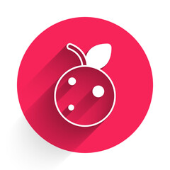 White Peach fruit or nectarine with leaf icon isolated with long shadow background. Red circle button. Vector