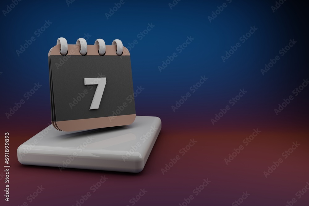 Poster standing black and red month lined desk calendar with date 7. modern design with golden elements, 3d