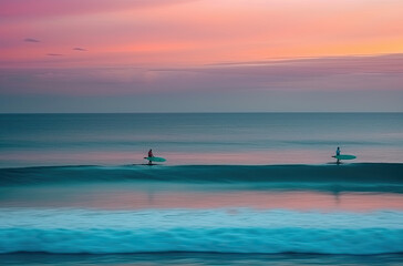 Fototapeta premium person holding surfing board on beach coast, distance view. AI generative image.