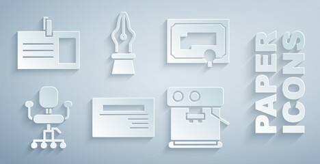 Set Business card, Certificate template, Office chair, Coffee machine, Fountain pen nib and Identification badge icon. Vector