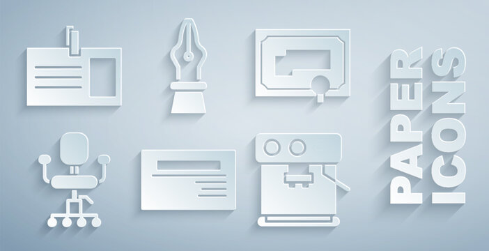 Set Business card, Certificate template, Office chair, Coffee machine, Fountain pen nib and Identification badge icon. Vector