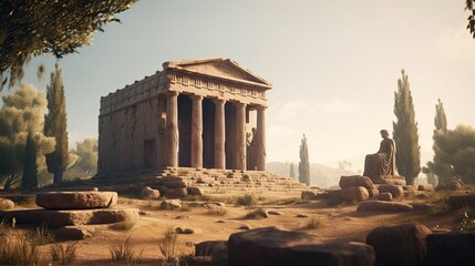 Ancient greek temple ruins with statue, Ancient greek civilization. Generative AI