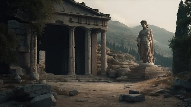Ancient greek temple ruins with statue, Ancient greek civilization. Generative AI