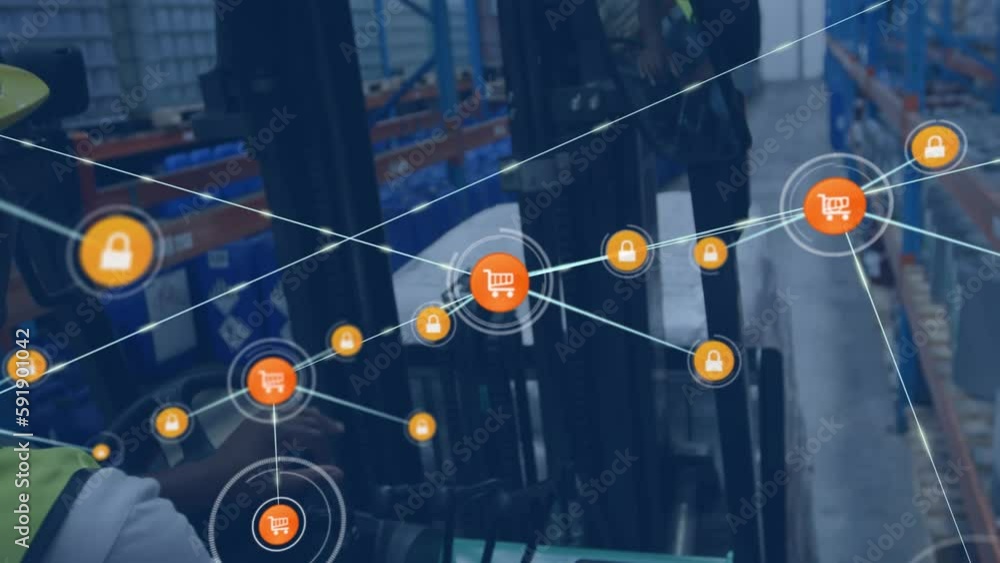 Poster animation of network of connections with icons over man working in warehouse