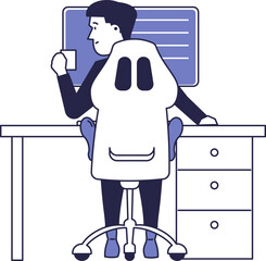 A man drinks tea or coffee while working at a computer.