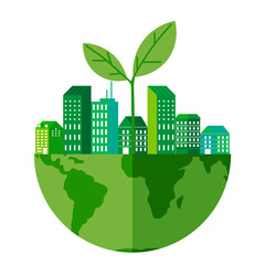 Environmentally friendly icon. Ecological concept with green eco land and blooming beautiful plant in cityskape wih tall buildings. Earth planet with sprout and agriculture element. Save nature