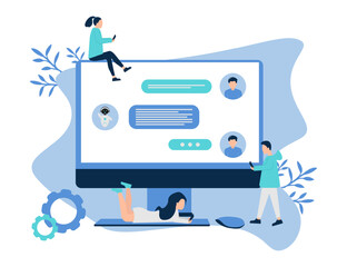 Illustration with artificial intelligence chat bot, character in the computer and chatting. The computer is surrounded by characters of people with a phone who communicate with the chat bot. 