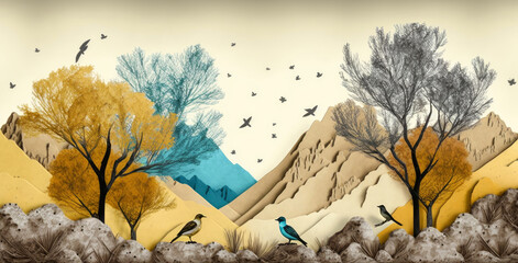 Brown trees with golden flowers and turquoise, black and gray mountains in light yellow background with white clouds and birds. 3d illustration wallpaper landscape art