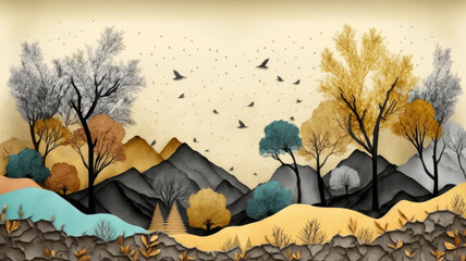 Brown trees with golden flowers and turquoise, black and gray mountains in light yellow background with white clouds and birds. 3d illustration wallpaper landscape art