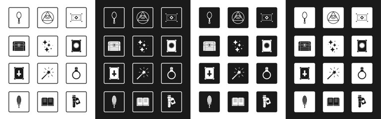 Set Magic carpet, Sparkle stars with magic, Antique treasure chest, hand mirror, Ancient book, Masons, stone ring gem and icon. Vector