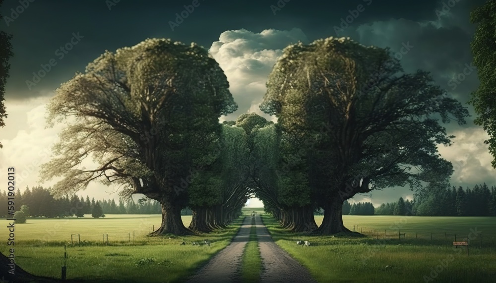 Poster clouds float over a grassy field as a scenic road winds its way through the tall trees. generative a