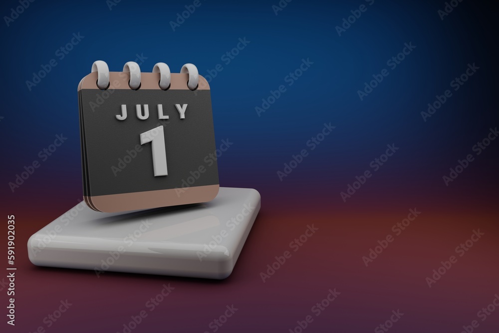 Poster Standing black and red month lined desk calendar with date July 1. Modern design with golden elements, 3d rendering illustration. Blue gray background..