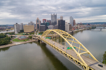 Fototapeta na wymiar Fort Pitt Bridge in Pittsburgh, Pennsylvania. Monongahela river and Cityscape in Background