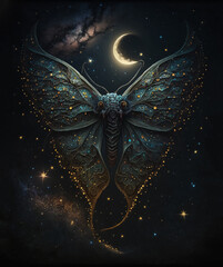 Fantasy moth, moon and stars in midnight sky background. Mystic night butterfly with big wings as concept for Magic Day. Generative AI