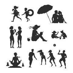 Summer vacation silhouettes. Beach activity scene. Portrait of people resting on the sea. Volleyball, sandbox and cocktailparty. Relaxing children and youth