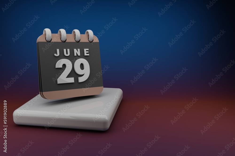 Poster Standing black and red month lined desk calendar with date June 29. Modern design with golden elements, 3d rendering illustration. Blue gray background..