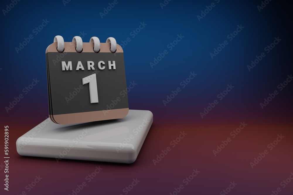 Poster Standing black and red month lined desk calendar with date March 1. Modern design with golden elements, 3d rendering illustration. Blue gray background..