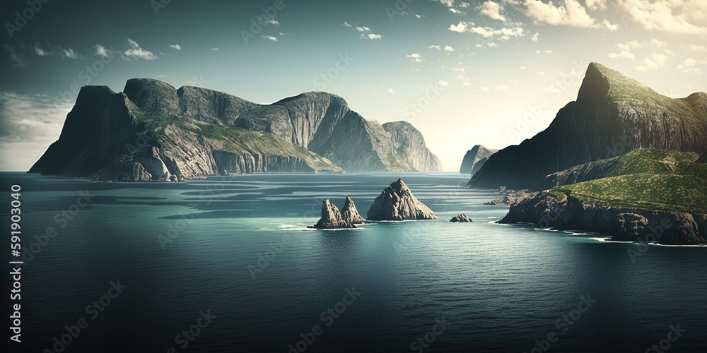 Aufkleber captivating view of the tranquil sea flanked by cliffs and hills on the right generative ai
