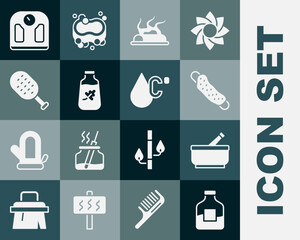 Set Bottle of vodka, Mortar and pestle, Washcloth, Campfire, Essential oil bottle, Sauna brush, Bathroom scales and Water temperature icon. Vector