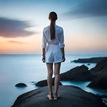 a woman standing on a rock on the beach looking out to sea