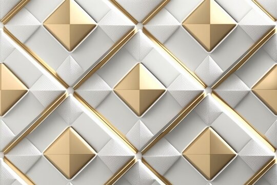3D wallpaper of 3D soft geometry tiles made from white leather with golden decor stripes and rhombus. High quality seamless realistic texture