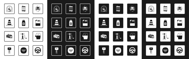 Set Car service, Canister for motor machine oil, Traffic cone, Motor gas gauge, gasoline, radiator cooling system, door and Check engine icon. Vector