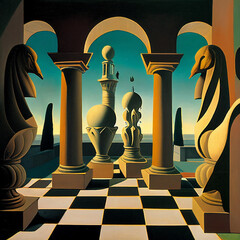 Chirico-inspired oil painting of a chess game - Generative AI
