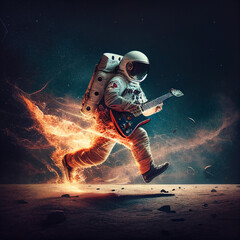 Fototapeta premium Solo guitarist dodging rockets with fiery guitar riffs- A solo guitarist running from rockets - Generative AI