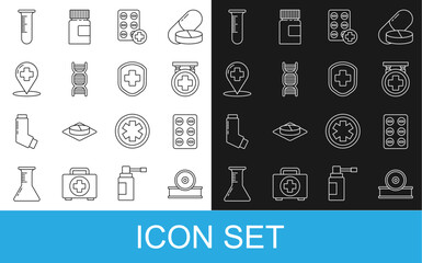 Set line Otolaryngological head reflector, Pills in blister pack, Hospital signboard, DNA symbol, Map pointer with cross hospital, Test tube and flask and Medical shield icon. Vector