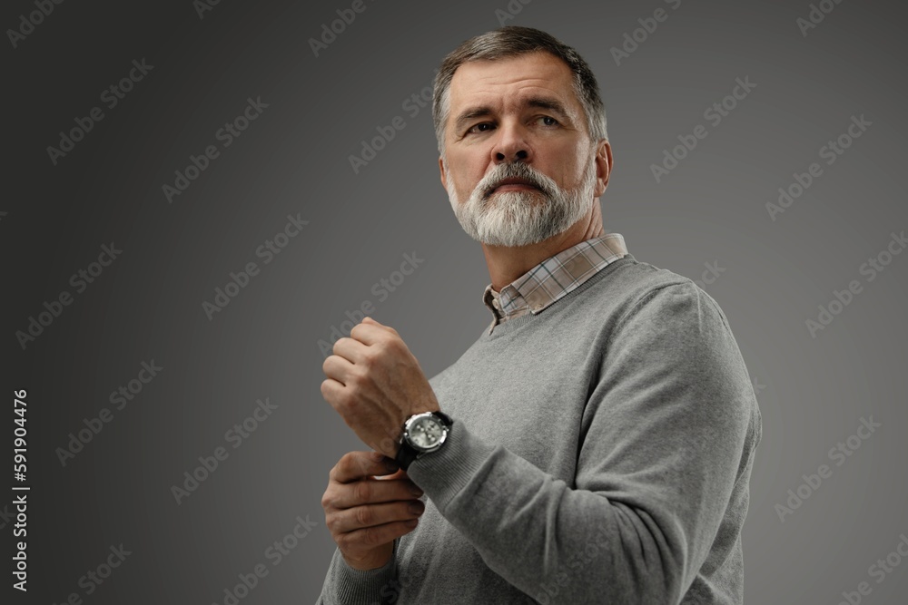 Sticker Portrait of happy casual mature man smiling, senior age man with gray hair, Isolated on dark gray background