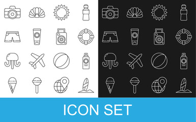 Set line Surfboard, Sunscreen spray bottle, Lifebuoy, cream in tube, Swimming trunks, Photo camera and icon. Vector